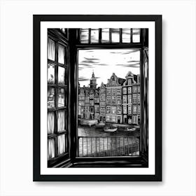 A Window View Of Amsterdam In The Style Of Black And White  Line Art 4 Art Print