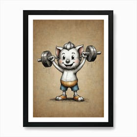 Cartoon Cat Lifting Weights Art Print