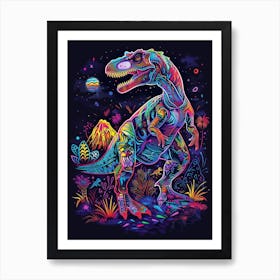 Neon Dinosaur Volcanic Landscape 1 Art Print
