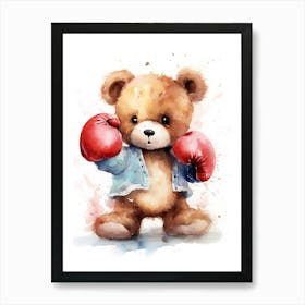 Boxing Teddy Bear Painting Watercolour 3 Art Print