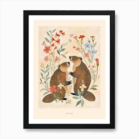 Folksy Floral Animal Drawing Beaver 2 Poster Art Print