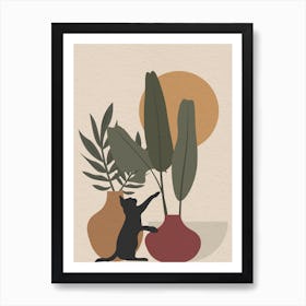 Vintage minimal art Cat And Plants 1 Art Print