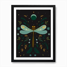 Moon and Dragonfly Scandinavian Folk Art Print