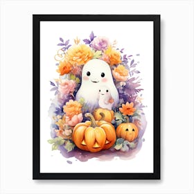 Cute Ghost With Pumpkins Halloween Watercolour 28 Art Print