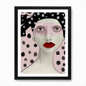 JE SUIS DOT - Fashion Illustration Portrait of Woman with Polka Dots and Red Lips on Pastel Pink by "Colt x Wilde"  Art Print