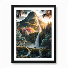 Mountain Waterfall with Wildlife Painting #8 Art Print