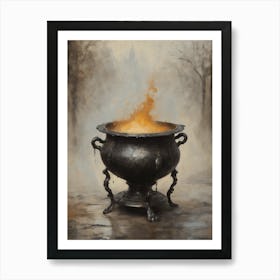Cast Iron Cauldron Gloomy Moody Art | Neutral Witchcore Gothic Wall Decor | Halloween Witchy All Year Feature Wall | Ornate Witches Lion Foot Cauldron for Spellwork in HD Art Print