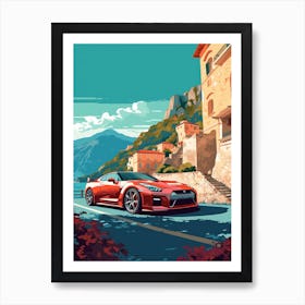 A Nissan Gt R In Amalfi Coast, Italy, Car Illustration 3 Art Print