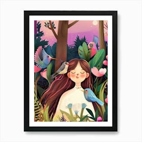 Luxmango Girl Listning To Birs Chirping In Forest Illustraion Art Print