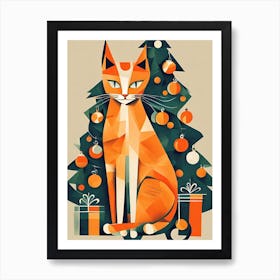 Cat with Christmas Tree Cubism Art Print