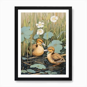 Ducklings With The Water Lilies Japanese Woodblock Style  1 Art Print