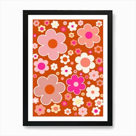 Retro Flowers Orange Peach Pink Art Print