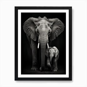 Black And White Photograph Of A Baby Elephant Next To Mother Art Print