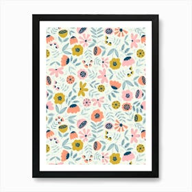 Cute Soft Scattered Scandi Florals Pink, Yellow, Light Blue, White Art Print