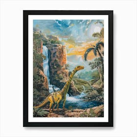 Dinosaur By A Waterfall Landscape Painting 2 Art Print