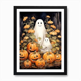 Cute Bedsheet Ghost, Botanical Halloween Watercolour 109 Art Print