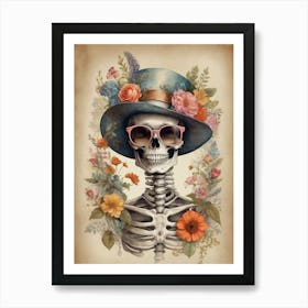Vintage Floral Skeleton With Hat And Sunglasses (75) Art Print