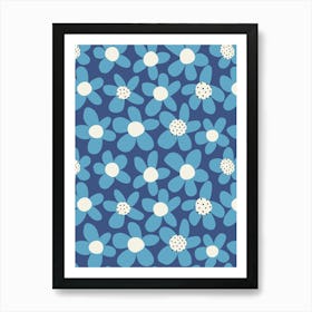 Playful Blooming Flowers Sky Blue On Light Navy Art Print