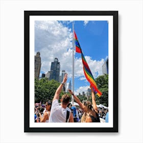 Rainbow Flag Waving Prominently Amidst A New York City Pride Parade Wristband Clad Lovebirds Striki Art Print