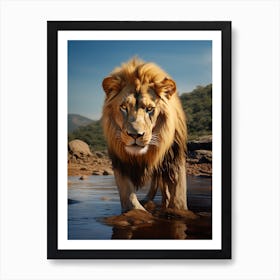 African Lion Drinking From A Stream Realistic 3 Art Print