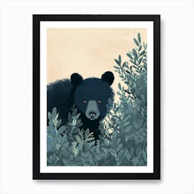 American Black Bear Hiding In Bushes Storybook Illustration 2 Art Print