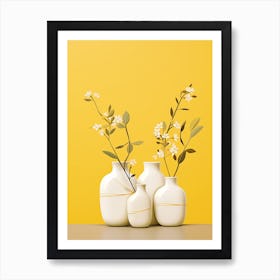 White Vases With Flowers On Yellow Background Art Print