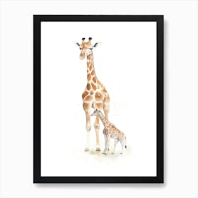 Giraffe And Baby Watercolour Illustration 1 Art Print