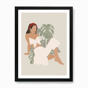 Faceless Brunette Woman Portrait | Boho Mid Century Modern Monstera Leaf Poster