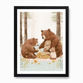Brown Bear Family Picnicking In The Woods Storybook Illustration 3 Art Print