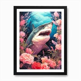 Sharks And Roses Art Print