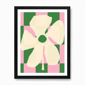 Flower with retro vibes on pink and green check pattern background Art Print