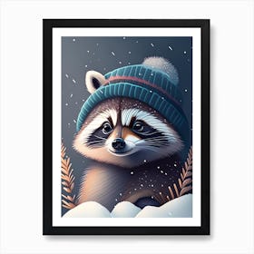 Raccoon In The Snow With Ear Poking Out Of Beanie  Art Print