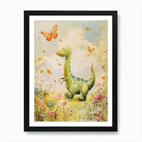 Cute Dinosaurs Playing With Butterflies Storybook Painting 2 Art Print