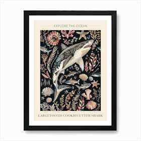 Largetooth Cookiecutter Shark Seascape Black Background Illustration 4 Poster Art Print