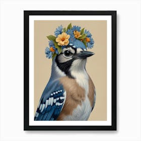 Blue Jay With A Flower Crown European Robin 4 Art Print