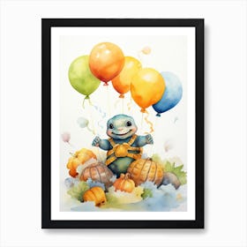 Turtle Flying With Autumn Fall Pumpkins And Balloons Watercolour Nursery 3 Art Print