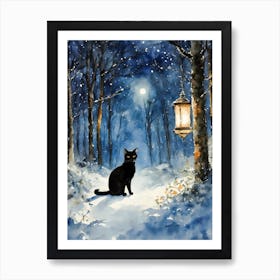 Black Cat In A Winter Forest at Twilight - Snow Christmas Yule Scene Snowy Lantern Trees - Witchy Witches Cats Lady Lovers Matisse Klimt Inspired Traditional Watercolor Home Room Art Wall Decor - Black Cat Travels Series by Lyra the Lavender Witch Art Print
