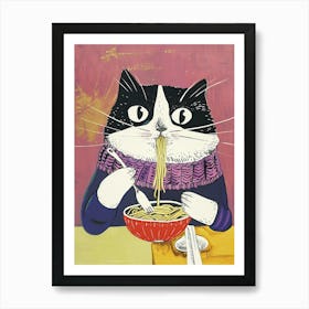 Black And White Cat Eating Pizza Folk Illustration 2 Art Print