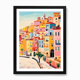 Colorful Houses On A Hillside. Gouache Landscape. Vintage Travel Art Print