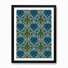 JAVA Boho Ikat Woven Texture Style in Exotic Green Dark Teal Blush Sand on Blue Art Print