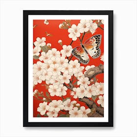 Red Cherry Blossom Butterfly Art Print