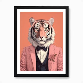 Tiger Illustrations Wearing A Tuxedo With Flowers Art Print