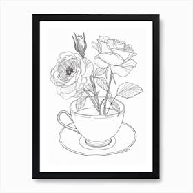 Rose In A Teacup Line Drawing 3 Art Print