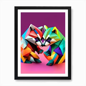 Raccoons Playing Modern Geometric Art Print