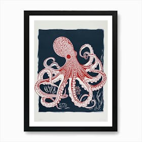 Navy Blue & Red Linocut Inspired Octopus 1 Art Print