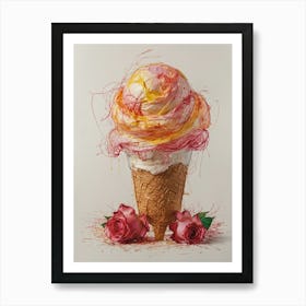 Ice Cream Cone With Roses Art Print