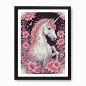 Unicorn In Pink Flowers Art Print