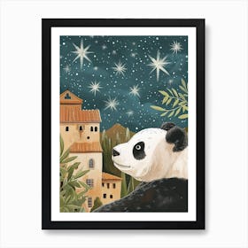 Giant Panda Looking At A Starry Sky Storybook Illustration 3 Art Print