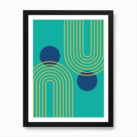 Mid Century Modern Geometric cI in Cottage Teal Navy Blue Mustard Yellow (Rainbow and Sun Abstraction) 2 Art Print