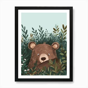 Brown Bear Hiding In Bushes Storybook Illustration 4 Art Print